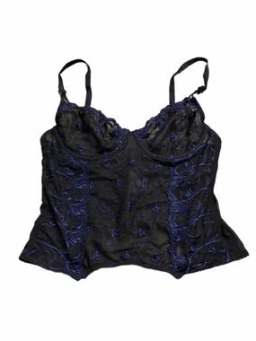 90s European Vintage TCM Embroidered Lace Boned Corset Top (Black/Blue) Size M/L